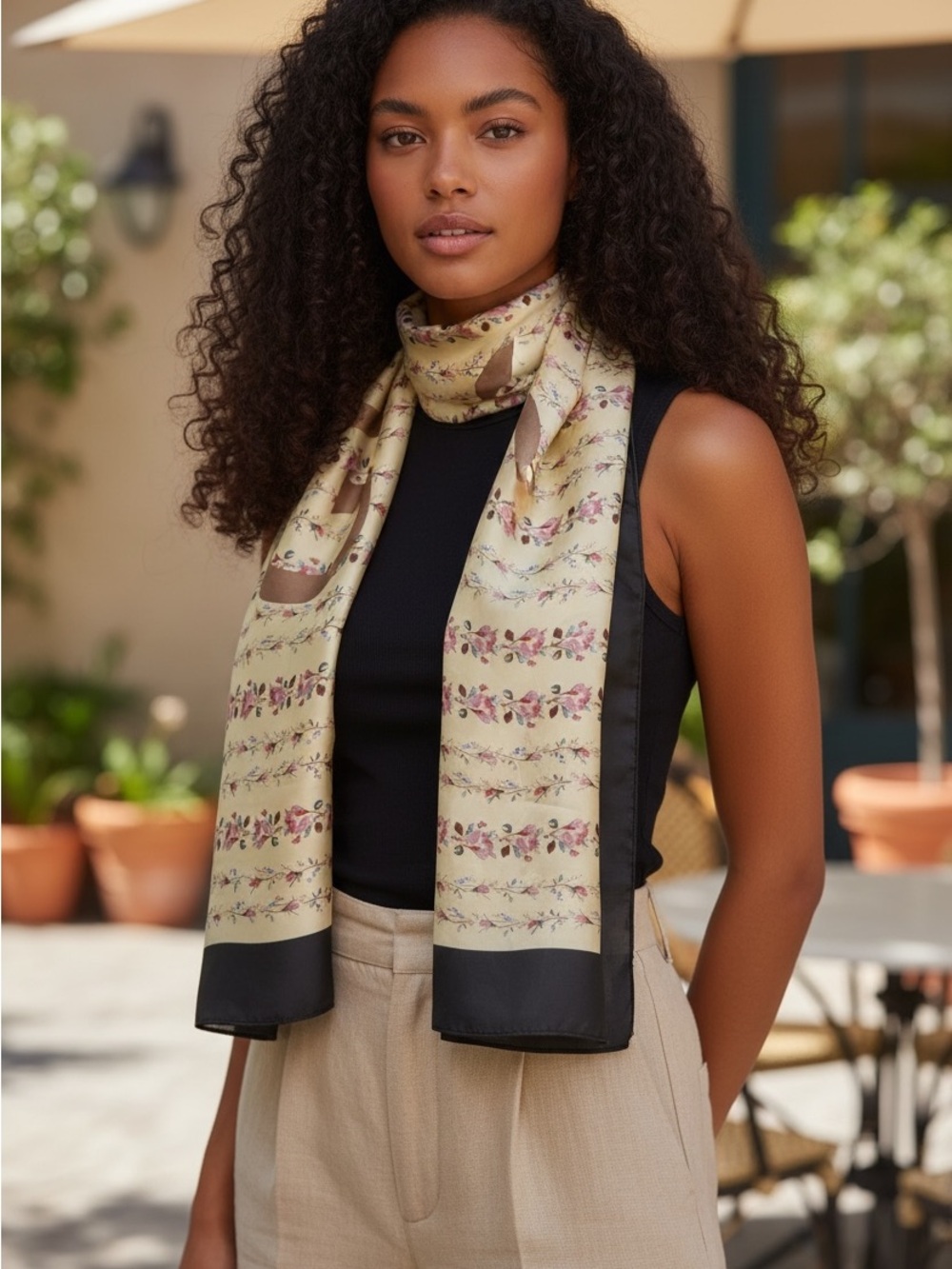 Gucci Cream Floral Silk Scarf with Black Border